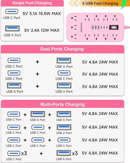 Pink Extension Cord with Multiple Outlets- 5 FT Kawaii Power Strip, Cute Extension Cord with 11 AC Outlet 6 USB (24W/4.8A), Charging Station for Cute Pink Kawaii Desk Home Room Decor Essentials Gifts
