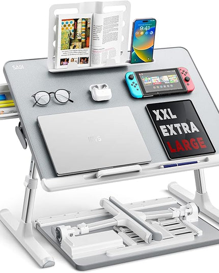Laptop tray, SAIJI 60*45cm Table lap for bed, Multi-purpose Premium Lapdesk, Height Angle adjustable, with Book Stand, Drawer, Tablet slot, for Eating, Working, Writing, Gaming, Drawing (Light Grey)