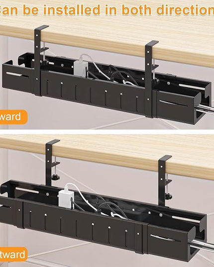 REALINN Under Desk Cable Management Tray Black, Expandable 25.27"-38.66" Sturdy Steel Desk Cord Hider Raceway for Office/Home