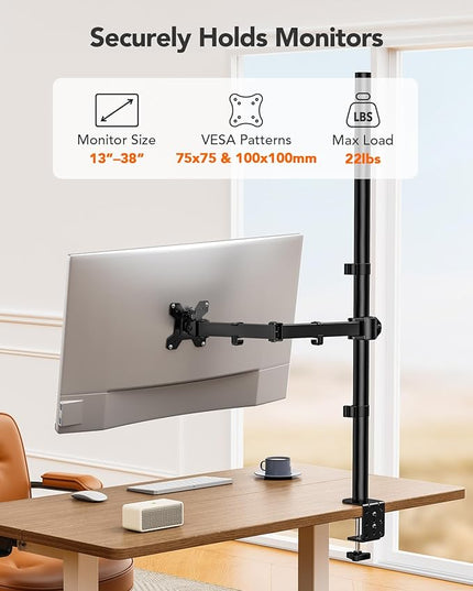 Single Monitor Desk Mount, Fully Adjustable Stand for 13-27″ Monitors, Holds Up to 22 lbs, Height, Swivel, Tilt Adjustments, C Clamp/Grommet Mount Options, Built-in Cable Management