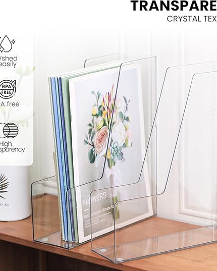 Vertical Magazine File Holder, Clear File Organizer Desk Organizer and Storage Bins Holding for Magazines, Binders, Notebooks, Envelopes, Plastic Office Organization and Storage for Desk, 4 pack