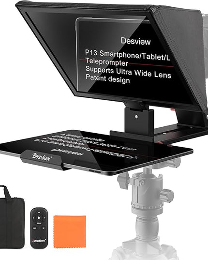 Desview P13 Teleprompter 13 Inch Aluminum Alloy with High Definition Glass, Compatible with iPad Tablet Phone DSLR, Portable No-Assembly Design for Video Recording