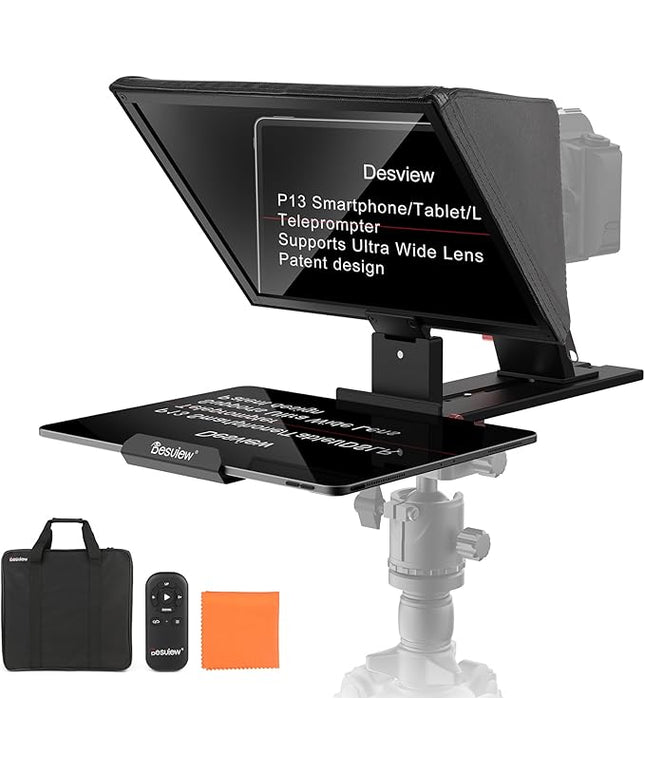 Desview P13 Teleprompter 13 Inch Aluminum Alloy with High Definition Glass, Compatible with iPad Tablet Phone DSLR, Portable No-Assembly Design for Video Recording