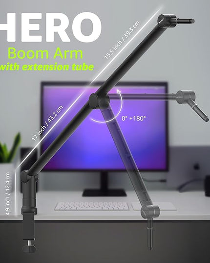 IXTECH Boom Arm Mic Stand with Extension Tube Upgraded Microphone Arm for Shure SM7B MV7 Blue Yeti Sturdy Stainless Steel Mic Arm Desk Stand Foldable Scissor Arm Microphone Mount for Podcast Gaming