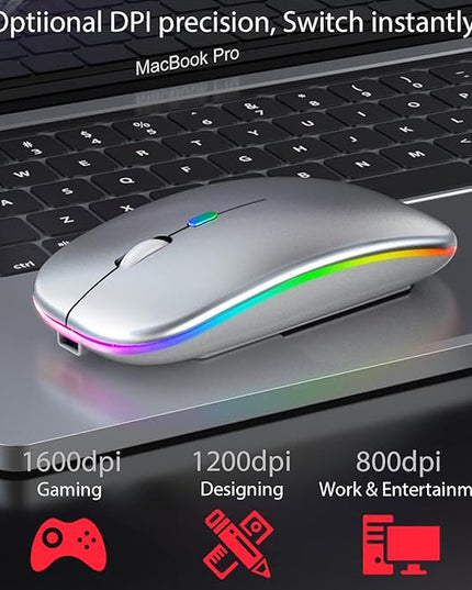 Q&F Tech Wireless Bluetooth Rechargeable Mouse/Mice, LED Slim Two Modes(2.4G+BT5.4) Silent/Quiet Buttons with 3 Adjustable DPI, for Computer/Desktop/PC/Laptop/MacBook/iPad/Tablet/iPhone_DeepGray