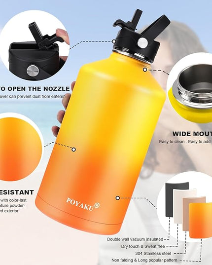 Water Bottle Insulated 32oz 40oz 64oz 128oz Straw Lid Spout Lid & 3 Lids, Leak Proof, Vacuum Insulated,Stainless Steel Water Bottle Wide Mouth for Sports, Gym or Office