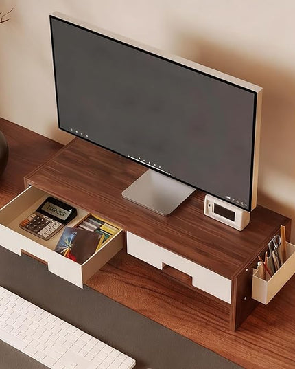 Desk Monitor Stand Riser, Double Drawer Ergonomic Organizer, Computer Desk Riser for Monitors and Accessories, Durable Wood Material, Family Friends Home Offices Indoor Study Bedroom Room Workstation