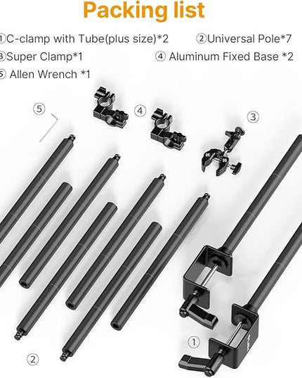 JUSMO LS15 Pro Camera Desk Mount, Aluminum Overhead Camera Mount Rig, Table Multi-Device Pole to Mount Magic Arm Clamp, DSLR, Cameras, Phone, Light, Microphone, Streaming, Studio, Max Load 22 lb