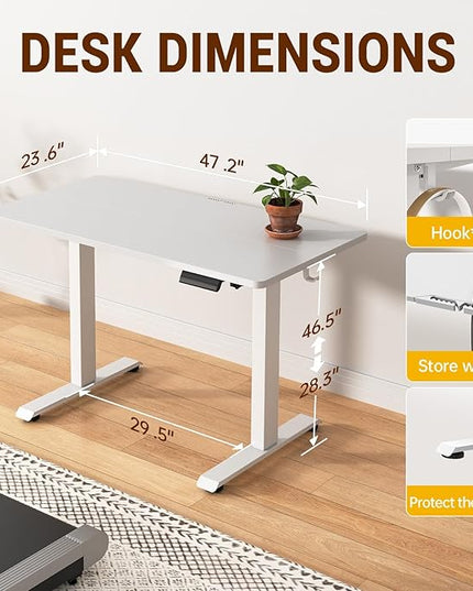 Veken 47.2 Inch Large Electric Standing Desk, Heights Adjustable, Sit to Stand Up, Work Home Office Computer Table for Study, Walking Pad, Writing, and Games, Wooden Desktop Desks, White