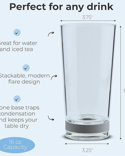 Coast Glassware The Tall – Patented Highball Drinking Glasses with Built-In Stone Coaster Base – Absorbent, Surface-Protecting Water & Cocktail Glasses – Premium Gift Pack (Set of 2) - 16 oz
