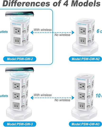 Power Strip Surge Protector, ODOM Power Strip Tower with 15W Fast Wireless Charger, 4 USB Ports + 6 Outlets + 6 Feet Retractable Extension Cord, Multiple Plug Charging Tower for Home Office Dorm