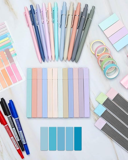 Sinload 60 Pcs Aesthetic Book Annotation Kit School Supplies Cute Pencil Case 12 Highlighter 5 Gel Pen 6 Mechanical Pencil 5 Magnetic Bookmark 1220 Pcs Sticky Note Tab Student Stationary(Light Blue)