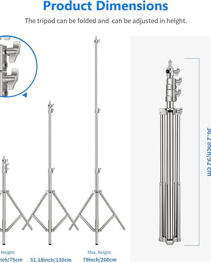 NEEWER 2PCS Light Stand Kit, 79"/200cm Stainless Steel Heavy Duty Tripod Stand with 1/4" to 3/8" Adapter for Studio Softbox, Monolight, Reflector