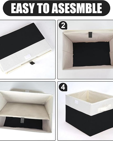 Large 22 Quart Linen Fabric Foldable Storage Bin Cube Organizer Basket with Flip-Top Lid & Handles, Clothes Blanket Box for Home, Office, Closet, Black & White, 4 Pack 14.6 x 9.5 x 9.5
