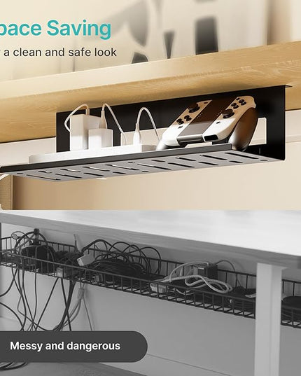 Under Desk Cable Management Tray, 15.7 Inches Metal Cord Organizer Rack, Desk Tray for Power Strip, Cord, Wire, Easy Mounting Cable Management Under Table for Home Office, Black
