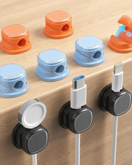 9 Pack Cord Organizer, Spring Cable Management, Adhesive Cute Cable Holder Clips, Phone Charger Wire Keeper for Desk Nightstand Car Office (9-Pack Black_Orange_Blue)
