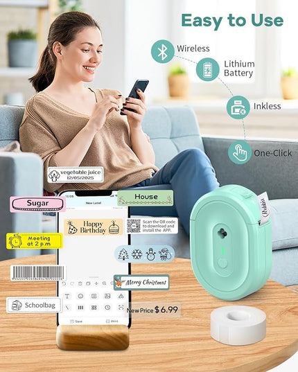 Label Maker Machine with Tape, N12 Portable Bluetooth Label Printer, Wireless Mini Label Makers Thermal Sticker with Multiple Templates for Home, Kitchen, School, Office Organization, Green
