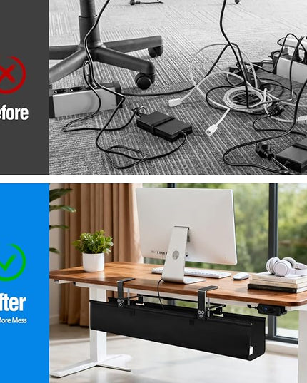 Under Desk Cable Management Tray - Heavy Duty No-Drill Clamp & Screw Mount, 28-Inch Cord Organizer for Home Office, Gaming Setup & Study Room, Holds Power Strip & Large Adapters (Black, 28"L x 5.5"W)