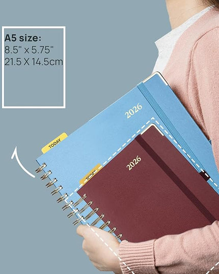 POPRUN 2026 Daily Planner One Page A Day - [8.5" x 5.75" Wire-Bound Hard Cover] Agenda 2026 Hourly Appointment Book with Monthly Calendar, Inner Pocket, Ivory Paper - Violet