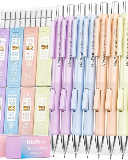 Nicpro 8 Pack Pastel Mechanical Pencil 0.5mm, Cute Fast Click Mechanical Pencils Set with 480PCS HB Lead Refills, 3 Erasers with Case, Aesthetic School Supplies for Writing Drawing Sketching