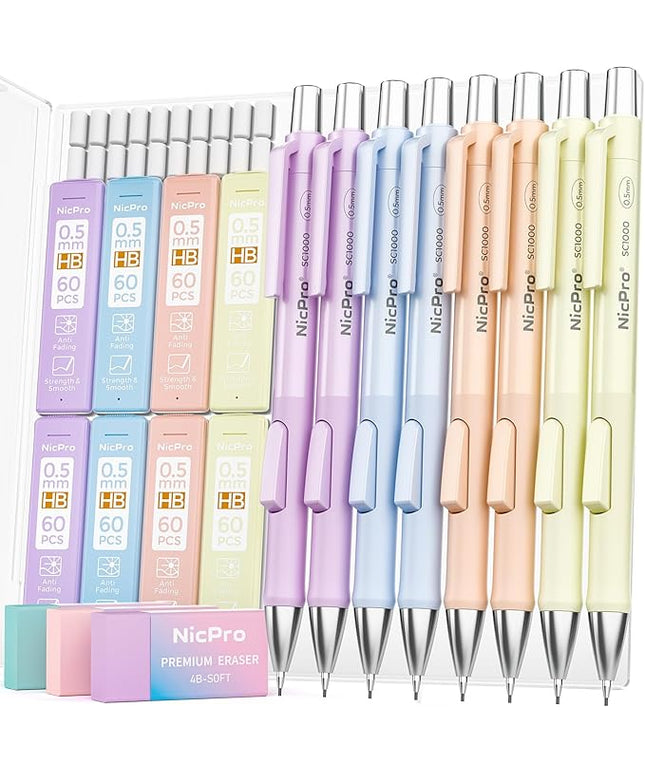 Nicpro 8 Pack Pastel Mechanical Pencil 0.5mm, Cute Fast Click Mechanical Pencils Set with 480PCS HB Lead Refills, 3 Erasers with Case, Aesthetic School Supplies for Writing Drawing Sketching