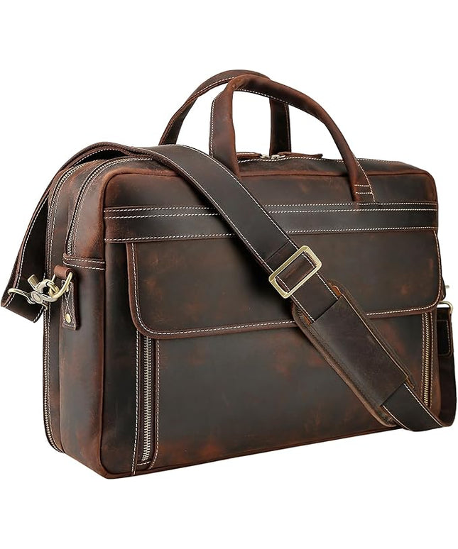Masa Kawa Leather Briefcase for Men 15.6", 17" Laptop Computer Case Business Travel Work Messenger Cross Body Shoulder Bag