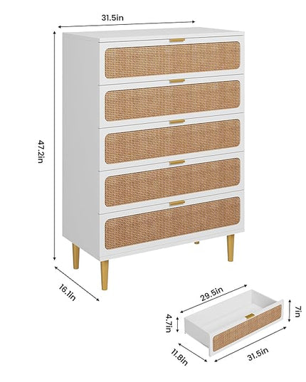 Garvee Rattan Dresser with 5 Drawers, Tall Modern Closet with Deep Storage, Large Chest of Drawers with Wide Top, Long Wooden Dresser for Bedroom, Living Room, Hallway, Kids Room, White