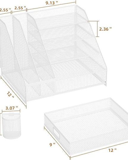 Marbrasse Desk Organizer with File Holder, 5-Tier Paper Letter Tray Organizer with Drawer and 2 Pen Holder,Mesh Desk Organizers and Accessories,Desktop Organizer and Storage for Office Supplies(White)