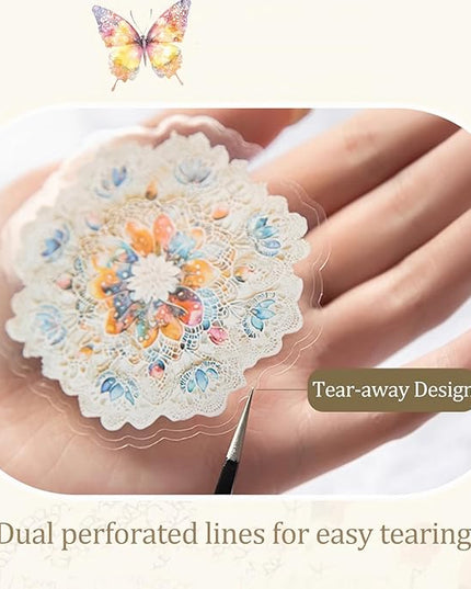 AuriicLeaf Floral PET Sticker Set, 60PCS Transparent Butterfly, Lace, and Flower Stickers for Scrapbooking, Journaling, Planners and DIY Crafts