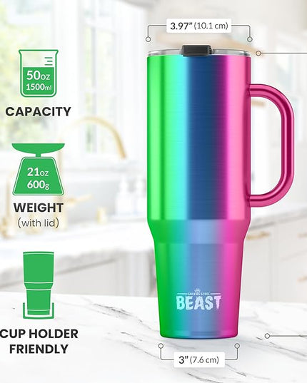 Beast 50 oz Tumbler with Handle Stainless Steel Vacuum Insulated Coffee Ice Cup Double Wall Travel Flask (Rainbow)