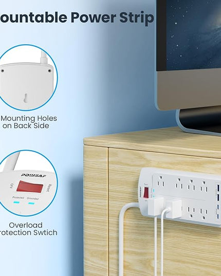 8-Outlet Surge Protector Power Strip, POWSAF 5Ft Flat Plug Extension Cord with 2 USB-C (PD 20W) Fast Charging Ports and 2 USB-A Ports for Home, Office, 2700 Joules, ETL, White