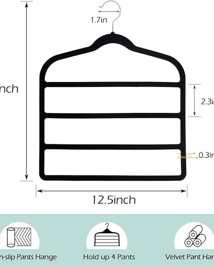 Velvet Pant Clothes Hanger Space Saving Non Slip Shorts Hanger, Myfolrena Jeans Slack Trousers Hangers Multiple Velvet Hanger Closet Organizer Storage and Organization for Jeans,Scarf,Tie(Black,3)