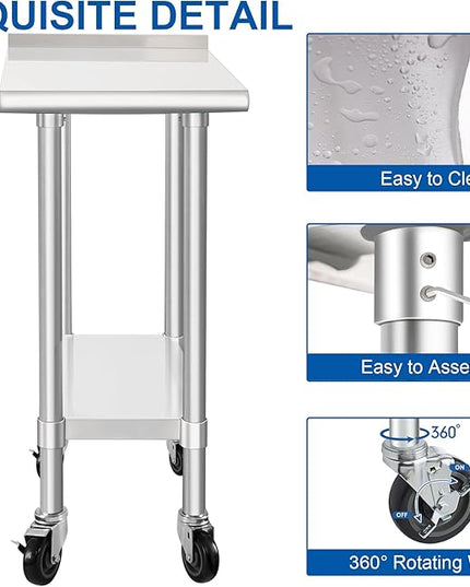 HARDURA Stainless Steel Commercial Work Table with Wheels Prep & Work Metal Table 30×12 Inches Heavy Duty NSF with Casters and 2" Backsplash