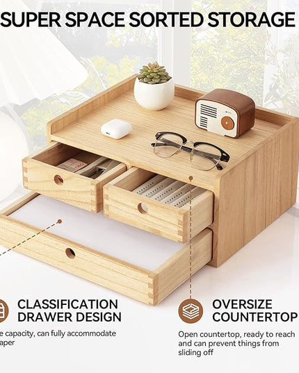 KIRIGEN Wood Organizer Shelf with 3 Drawers for Home Kicthen Decor Office Supplies Desktop Cabinet for Drawer Organizer - Desk Accessories Storage Box -Countertop Shelf Natural（DT2D3C-NA）