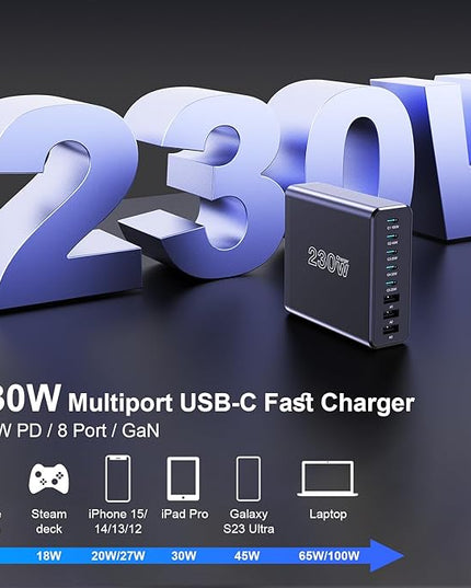 230W USB C Charging Station, Graaci Compact 8 Ports GaN Desktop Charger, PD 100W PPS 45W Super Fast Charger, Laptop Wall Charger Block for MacBook Pro, iPad, iPhone 15/14, Galaxy S24/S23, and More