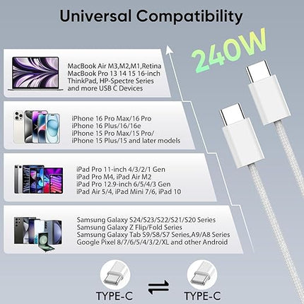 USB C to USB C, 240W USBC Woven Charge Cable, 2Pack USB C Cable Fast Charging Cord for Apple MacBook Pro/MacBook Air,iPad Pro/Air, iPad mini, iPhone 16e 16 15 ProMax Plus Compatible 140W/100W/60W/45W