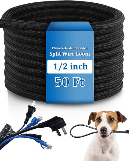 Pangda 50ft Split Wire Loom Tubing Flame Retardant Braided Cable Sleeve Split High Temperature Cable Conduit Auto Wire Conduit for Industrial Electrical Tinsel Automotive Marine (100 Ft, 1/2")
