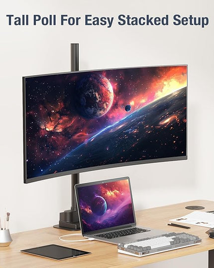 AVLT Single 40 Inch Monitor Arm Pole Top Mount With USB-C USB-A Ports-Black, Supports 26.4 lbs (12kg), Ultrawide screen fit, VESA Compatible, Tilt, Swivel, Rotate, Ergonomic adjustable height, Durable