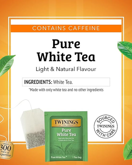 Twinings Pure White Tea Individually Wrapped Bags, 20 Count (Pack of 1), Light & Fresh, Caffeinated, Enjoy Hot or Iced, 20 Teabags
