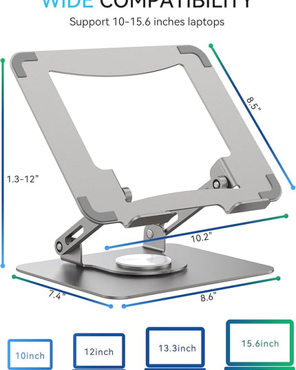 SOUNDANCE Laptop Stand with 360° Rotating Base, Ergonomic Computer Riser for Desk, Adjutable Height Muti-Angle, Foldable Laptop Mount, Stable Metal Holder Support 10-15.6" Notebook PC, Silver Grey