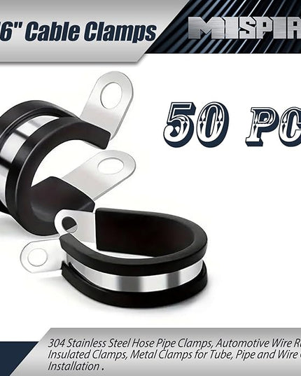 11/16 Inch Cable Clamps 50 PCS, 304 Stainless Steel Hose Pipe Clamps, Automotive Wire Rubber Insulated Clamps, Metal Clamps for Tube, Pipe and Wire Cord Installation