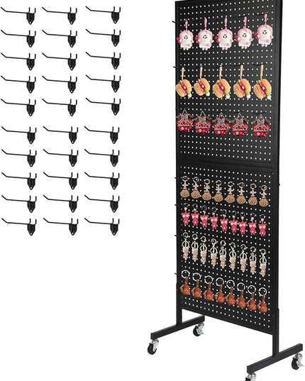 Eastern Tree Metal Pegboard Display Stand 2'x 5'with 30 Hooks, Pegboard Panels Display with Wheels, Peg Board Display Rack, Standing Pegboard Display- Black