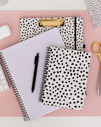 Steel Mill & Co Cute Mini Spiral Notebook, 8.25" x 6.25" Journal with Durable Hardcover and 160 Lined Pages, Black Dots