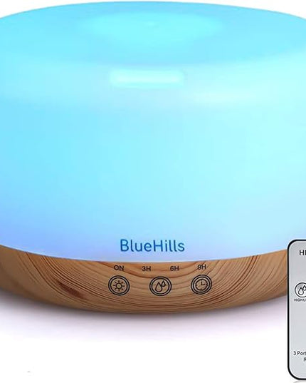 BlueHills Premium 1000 ML XL Essential Oil Diffuser Aromatherapy Humidifier with Remote Timer for Large Room Home 18 Hour Run Huge Coverage Area 1 Liter Mood Light Extra Large Capacity Wood Grain D004