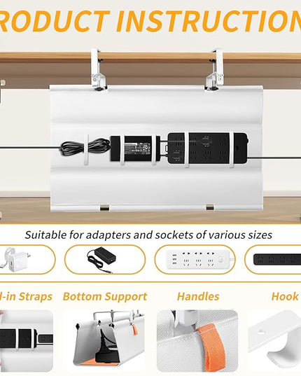 No Drill Under Desk Cable Management Tray, 28" Cord Organizer with Clamp, Fabric Cable Management for Standing Desks, Ideal for Home & Office - White