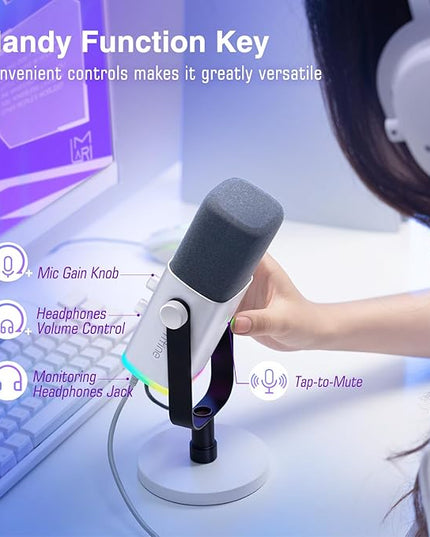 FIFINE XLR/USB Gaming Microphone for Streaming Podcasting, PC Computer RGB Mic, with Gain Knob, Mute Button, Monitoring Jack, Gamer Mic for Recording Video Creation-AmpliGame AM8 White