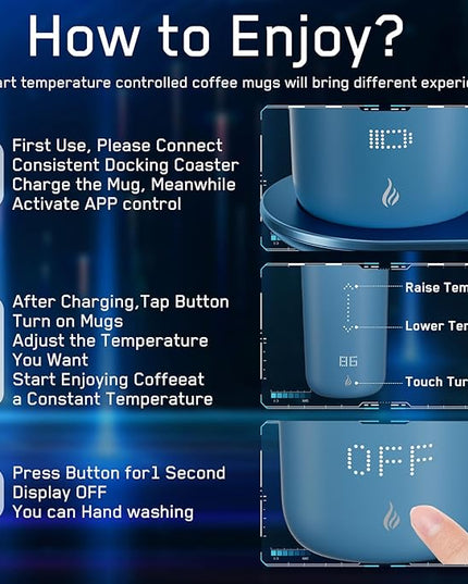 LEGARDLILIU Temperature Control Heated Coffee Mug Smart Self Heating Travel Mug 12 Oz App Controlled Warmer Mug 4-10 Hour LED Display Keep Coffee Hot Fast Wireless Charger Base Lake Blue