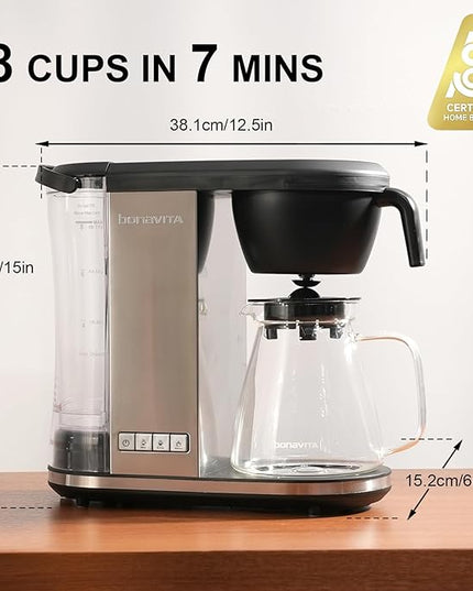 Bonavita Enthusiast 8 Cup Drip Coffee Brewer, Pour Over, SCA Certified Coffee Machine with Glass Carafe, Stainless Steel Panel, Removable Reservoir