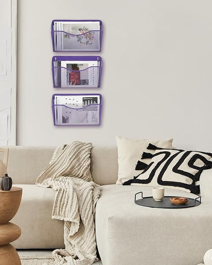 EASEPRES 3 Single Pocket Mesh Hanging File Organizer, Vertical Wall Mounted Magazine File Holder, Mount Basket Mail Paper Document Folder Organizing for Office, Home and School, Purple