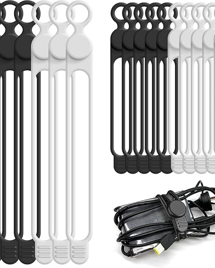Nearockle Silicone Cable Ties Cord Organizer Cable Management, 16Pcs 4.2" and 7.1" Reusable Cable Organizer Electronic Accessories for Home, Office, Kitchen, School, Travel(Black&White)
